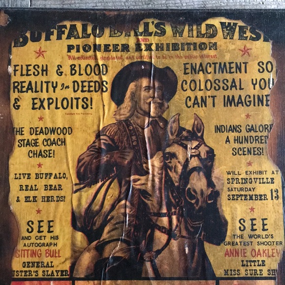 VTG Wild West Buffalo Bill Jesse James Lacquered Decoupage Burnished Wood Signs - Picture 3 of 8
